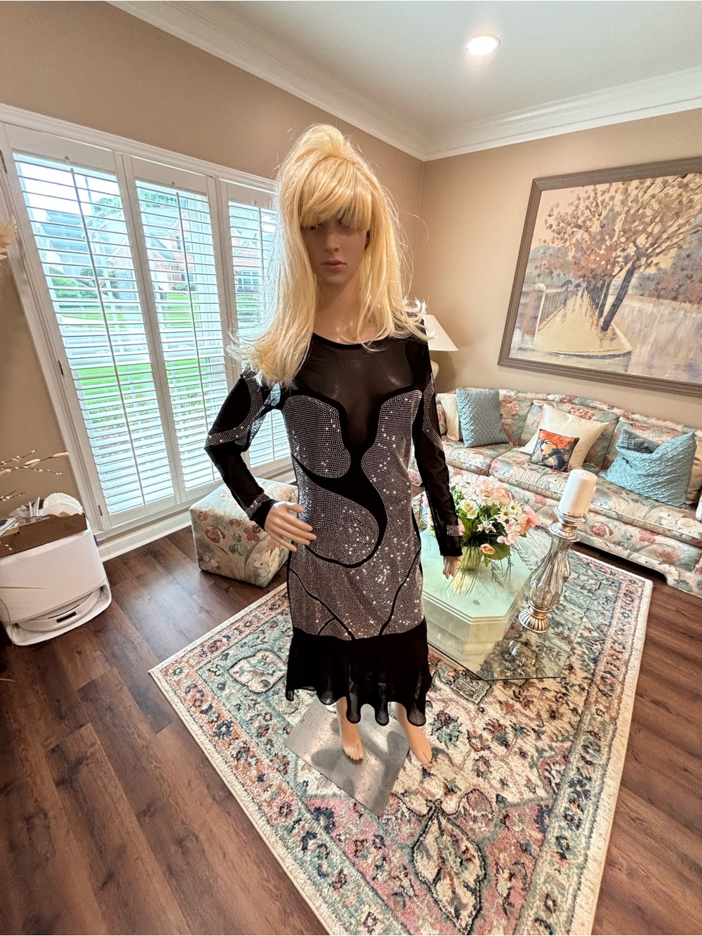 Black Sheer Long-Sleeve Sequin Midi Dress